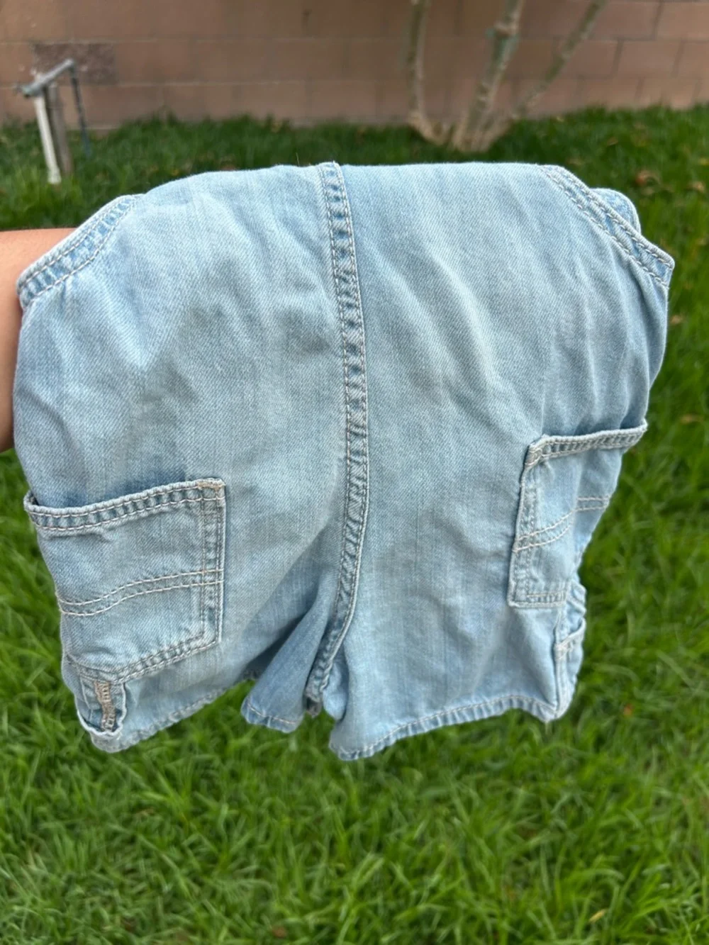 OshKosh B'gosh Light Blue Denim Short Overalls with Navy Striped Straps